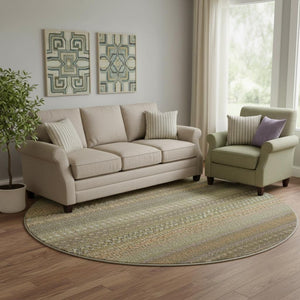 HomeRoots 8' Stylish Khaki and Ivory Striped Washable Round Rug with UV Protection for High-Traffic Areas 647515