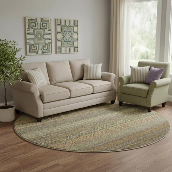 HomeRoots 8' Stylish Khaki and Ivory Striped Washable Round Rug with UV Protection for High-Traffic Areas 647515
