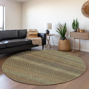 HomeRoots 8' Stylish Khaki and Ivory Striped Washable Round Rug with UV Protection for High-Traffic Areas 647515