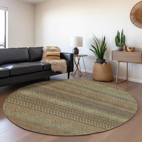 HomeRoots 8' Stylish Khaki and Ivory Striped Washable Round Rug with UV Protection for High-Traffic Areas 647515