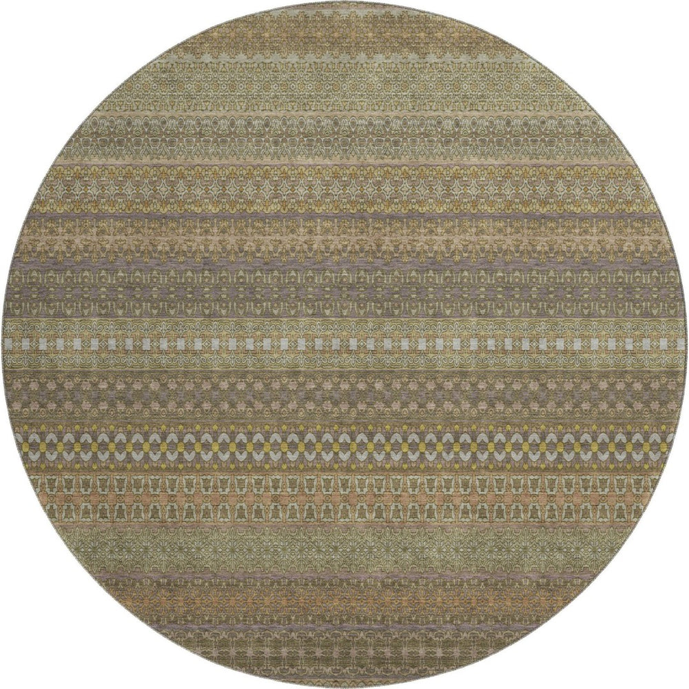 HomeRoots 8' Stylish Khaki and Ivory Striped Washable Round Rug with UV Protection for High-Traffic Areas 647515