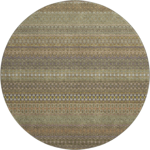 HomeRoots 8' Stylish Khaki and Ivory Striped Washable Round Rug with UV Protection for High-Traffic Areas 647515