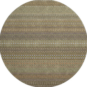 HomeRoots 8' Stylish Khaki and Ivory Striped Washable Round Rug with UV Protection for High-Traffic Areas 647515
