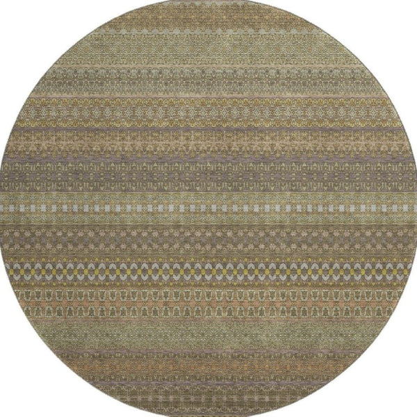 HomeRoots 8' Stylish Khaki and Ivory Striped Washable Round Rug with UV Protection for High-Traffic Areas 647515