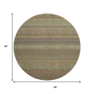 HomeRoots 8' Stylish Khaki and Ivory Striped Washable Round Rug with UV Protection for High-Traffic Areas 647515
