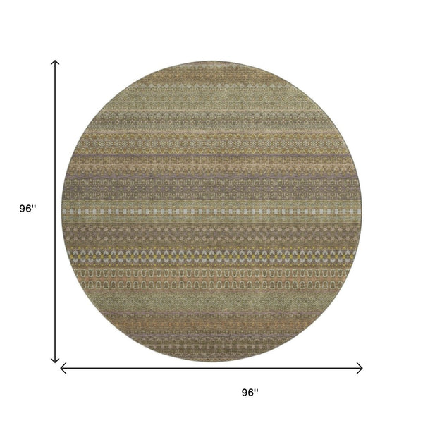 HomeRoots 8' Stylish Khaki and Ivory Striped Washable Round Rug with UV Protection for High-Traffic Areas 647515