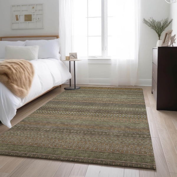 HomeRoots 8' X 10' Striped Khaki and Ivory Washable Area Rug – UV Protected, Durable, Easy Care for Busy Homes 647516