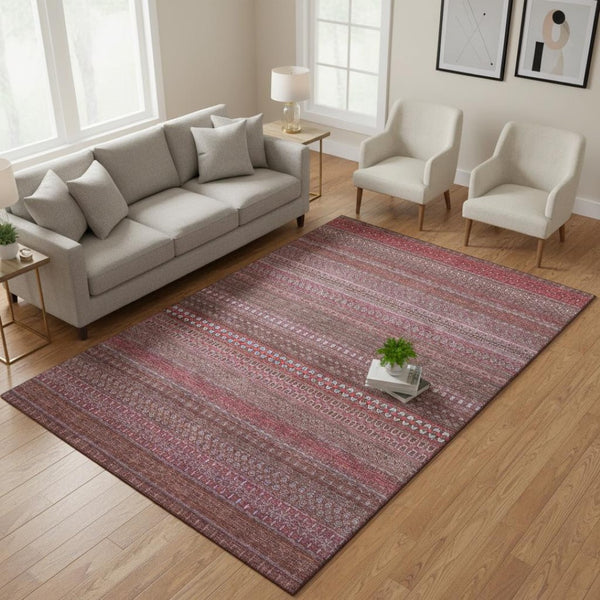 HomeRoots 5' X 8' Merlot Ivory Striped Washable Area Rug with UV Protection for Easy Care & Durability 647520