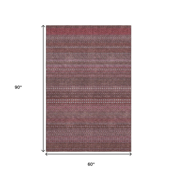 HomeRoots 5' X 8' Merlot Ivory Striped Washable Area Rug with UV Protection for Easy Care & Durability 647520