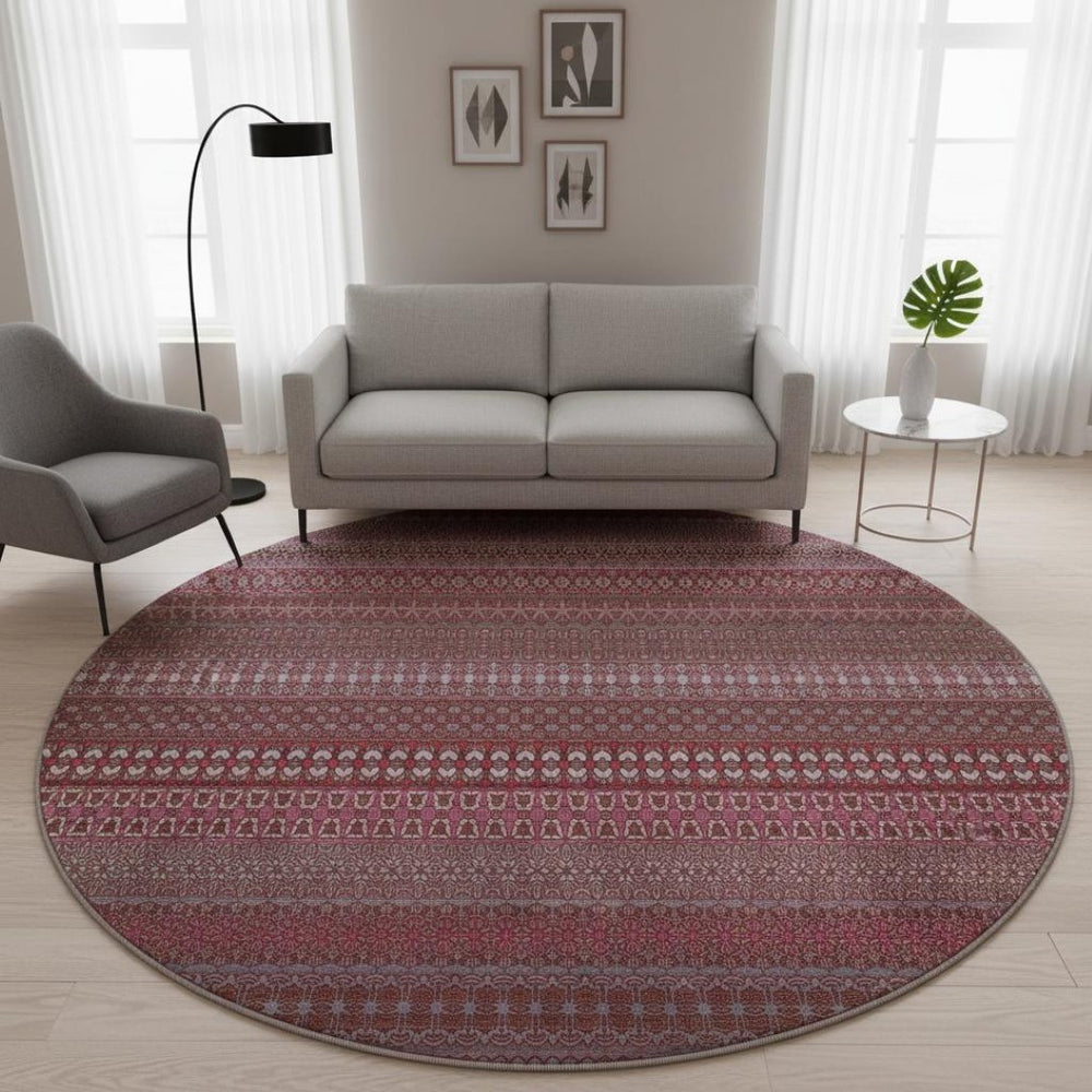 HomeRoots 8' Merlot and Ivory Striped Washable Round Rug - Durable, UV-Protected, Ideal for Busy Homes 647521