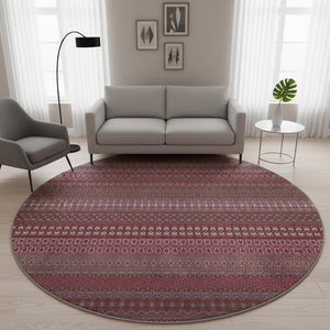 HomeRoots 8' Merlot and Ivory Striped Washable Round Rug - Durable, UV-Protected, Ideal for Busy Homes 647521
