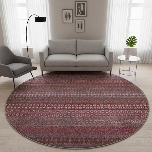 HomeRoots 8' Merlot and Ivory Striped Washable Round Rug - Durable, UV-Protected, Ideal for Busy Homes 647521