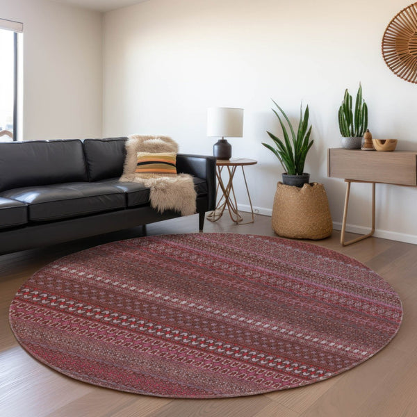 HomeRoots 8' Merlot and Ivory Striped Washable Round Rug - Durable, UV-Protected, Ideal for Busy Homes 647521