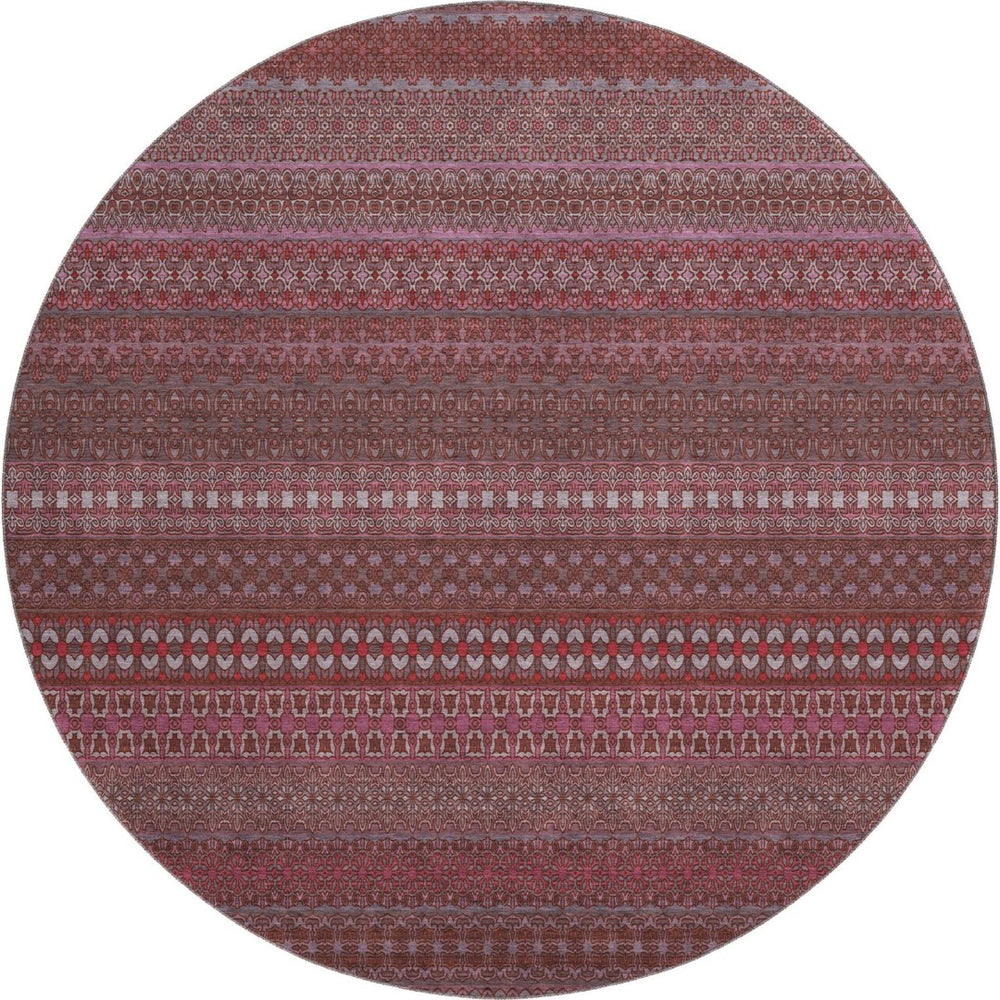 HomeRoots 8' Merlot and Ivory Striped Washable Round Rug - Durable, UV-Protected, Ideal for Busy Homes 647521