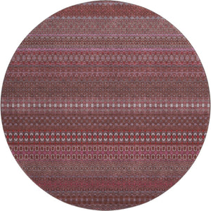 HomeRoots 8' Merlot and Ivory Striped Washable Round Rug - Durable, UV-Protected, Ideal for Busy Homes 647521