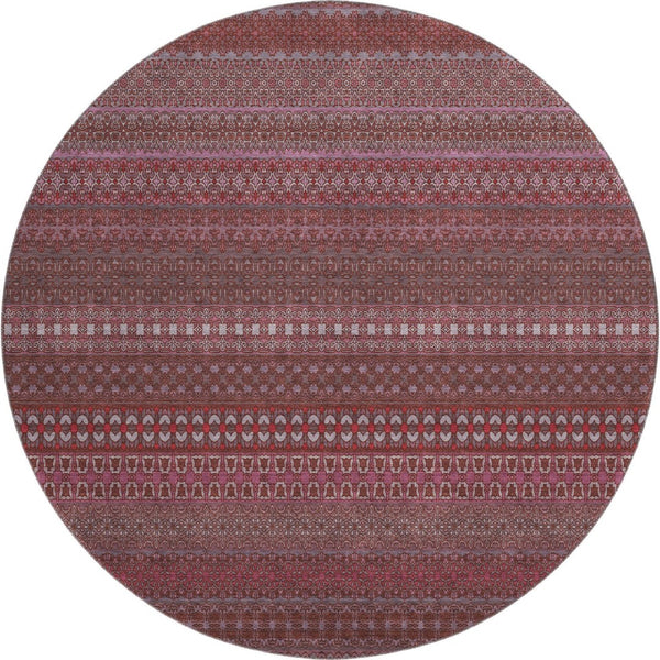 HomeRoots 8' Merlot and Ivory Striped Washable Round Rug - Durable, UV-Protected, Ideal for Busy Homes 647521
