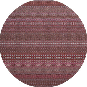 HomeRoots 8' Merlot and Ivory Striped Washable Round Rug - Durable, UV-Protected, Ideal for Busy Homes 647521