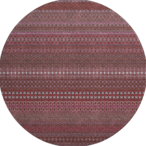 HomeRoots 8' Merlot and Ivory Striped Washable Round Rug - Durable, UV-Protected, Ideal for Busy Homes 647521