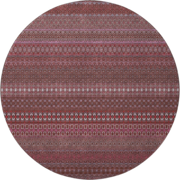 HomeRoots 8' Merlot and Ivory Striped Washable Round Rug - Durable, UV-Protected, Ideal for Busy Homes 647521