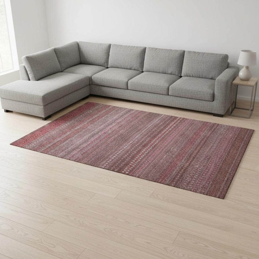 HomeRoots 8' X 10' Merlot and Ivory Striped Washable Area Rug - Durable, Stain-Resistant & UV Protected Elegance 647522