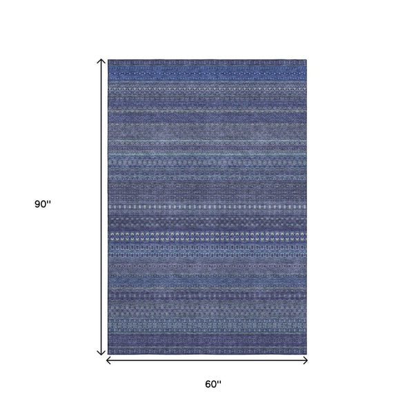HomeRoots 5' Navy Blue and Ivory Striped Washable Area Rug - UV Protected, Stain Resistant, Coastal Style 647526
