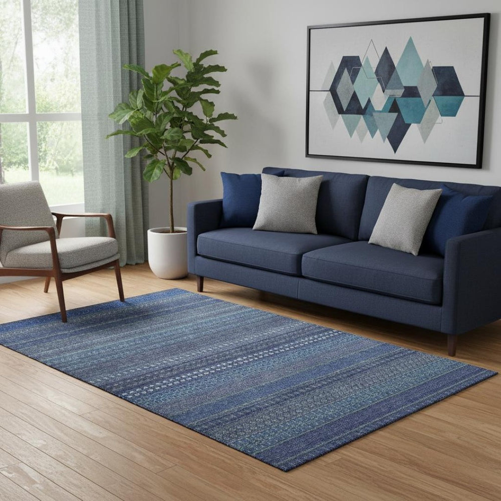 HomeRoots 5' Navy Blue and Ivory Striped Washable Area Rug - UV Protected, Stain Resistant, Coastal Style 647526
