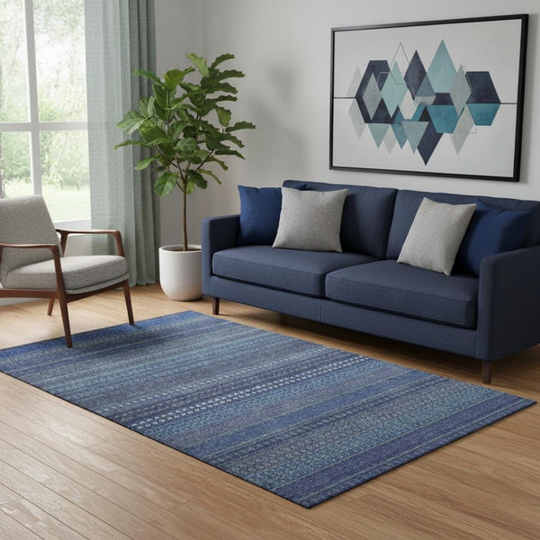 HomeRoots 5' Navy Blue and Ivory Striped Washable Area Rug - UV Protected, Stain Resistant, Coastal Style 647526
