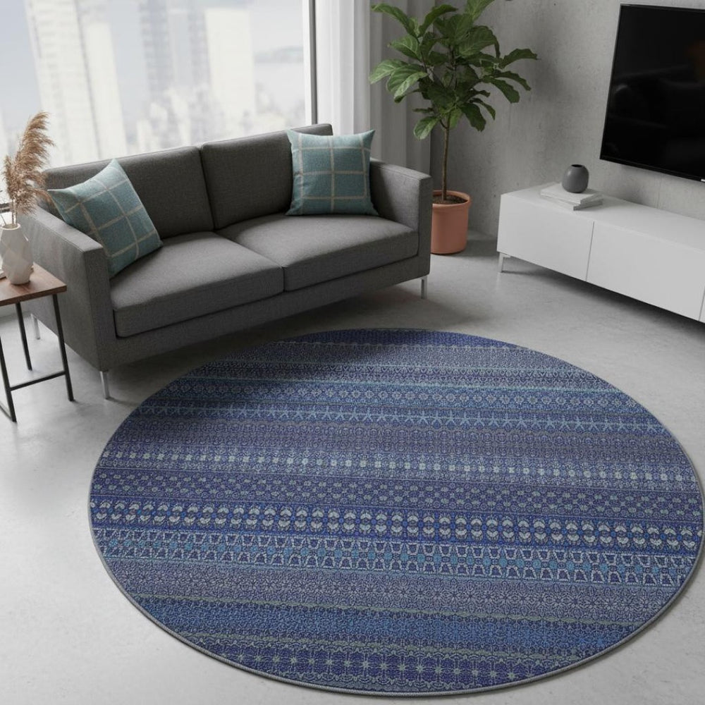 HomeRoots 8' Navy Blue and Ivory Striped Washable Round Rug - Stylish, Stain Resistant, UV Protected & Durable 647527