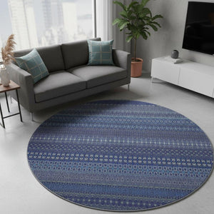 HomeRoots 8' Navy Blue and Ivory Striped Washable Round Rug - Stylish, Stain Resistant, UV Protected & Durable 647527