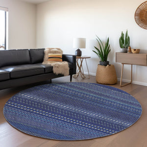 HomeRoots 8' Navy Blue and Ivory Striped Washable Round Rug - Stylish, Stain Resistant, UV Protected & Durable 647527