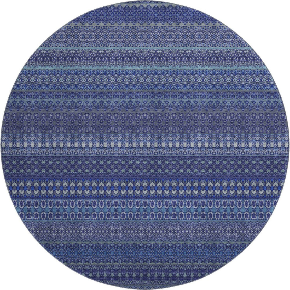 HomeRoots 8' Navy Blue and Ivory Striped Washable Round Rug - Stylish, Stain Resistant, UV Protected & Durable 647527