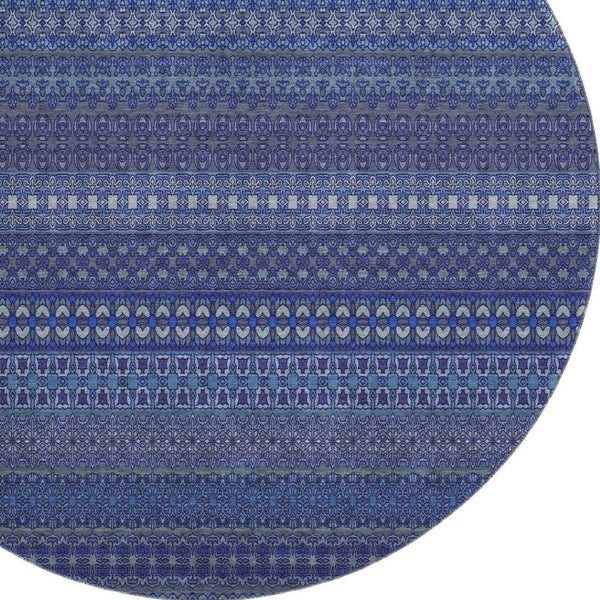 HomeRoots 8' Navy Blue and Ivory Striped Washable Round Rug - Stylish, Stain Resistant, UV Protected & Durable 647527