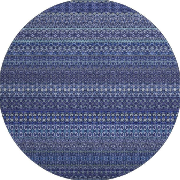 HomeRoots 8' Navy Blue and Ivory Striped Washable Round Rug - Stylish, Stain Resistant, UV Protected & Durable 647527