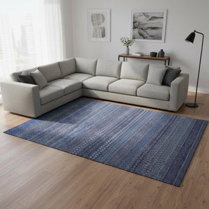 HomeRoots 8' X 10' Navy Blue & Ivory Striped Area Rug - Washable, UV Protected, Durable for High-Traffic Areas 647528