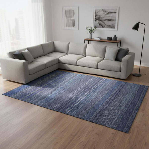 HomeRoots 8' X 10' Navy Blue & Ivory Striped Area Rug - Washable, UV Protected, Durable for High-Traffic Areas 647528
