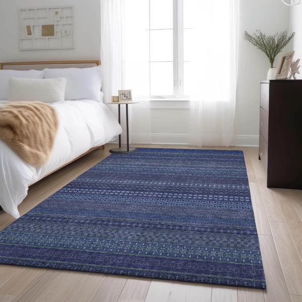 HomeRoots 8' X 10' Navy Blue & Ivory Striped Area Rug - Washable, UV Protected, Durable for High-Traffic Areas 647528