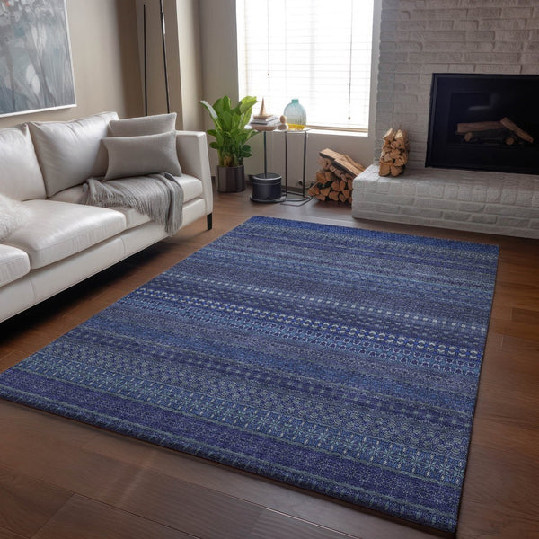 HomeRoots 8' X 10' Navy Blue & Ivory Striped Area Rug - Washable, UV Protected, Durable for High-Traffic Areas 647528