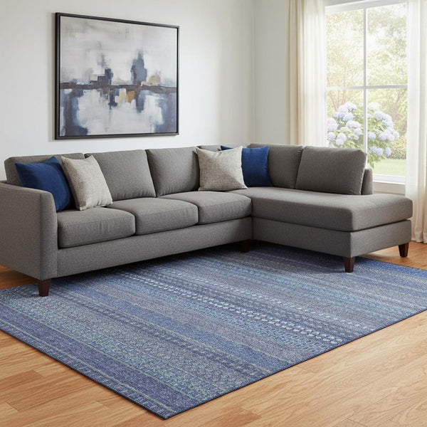 HomeRoots 9' Navy Blue and Ivory Striped Washable Area Rug - UV Protected, Durable, Perfect for High-Traffic Areas 647529