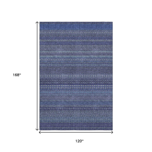 HomeRoots 10' Navy Blue & Ivory Striped Washable Area Rug – UV Protected, Stain Resistant for Family Spaces 647530
