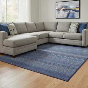 HomeRoots 10' Navy Blue & Ivory Striped Washable Area Rug – UV Protected, Stain Resistant for Family Spaces 647530