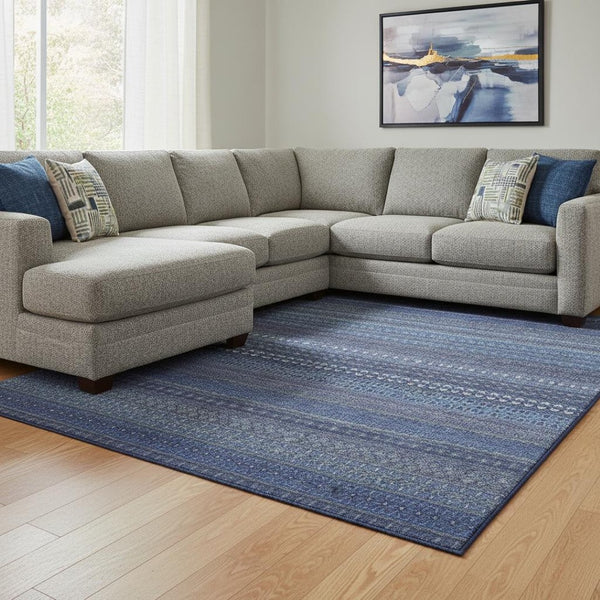 HomeRoots 10' Navy Blue & Ivory Striped Washable Area Rug – UV Protected, Stain Resistant for Family Spaces 647530