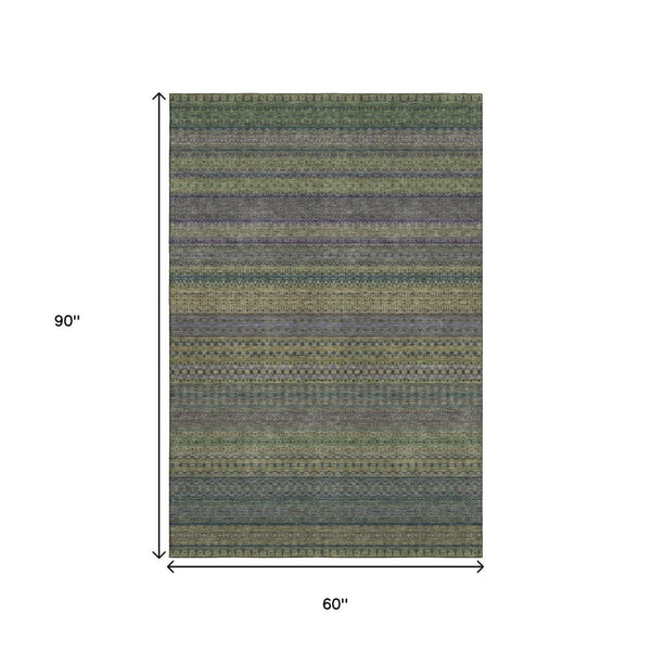 HomeRoots 5' X 8' Olive Green & Blue Striped Area Rug – Washable, UV-Protected, Durable, Easy-Care Design 647532
