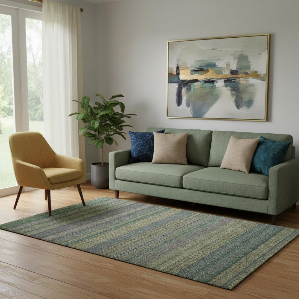 HomeRoots 5' X 8' Olive Green & Blue Striped Area Rug – Washable, UV-Protected, Durable, Easy-Care Design 647532