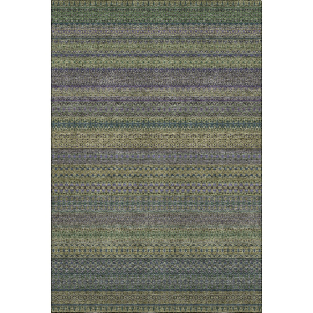 HomeRoots 5' X 8' Olive Green & Blue Striped Area Rug – Washable, UV-Protected, Durable, Easy-Care Design 647532