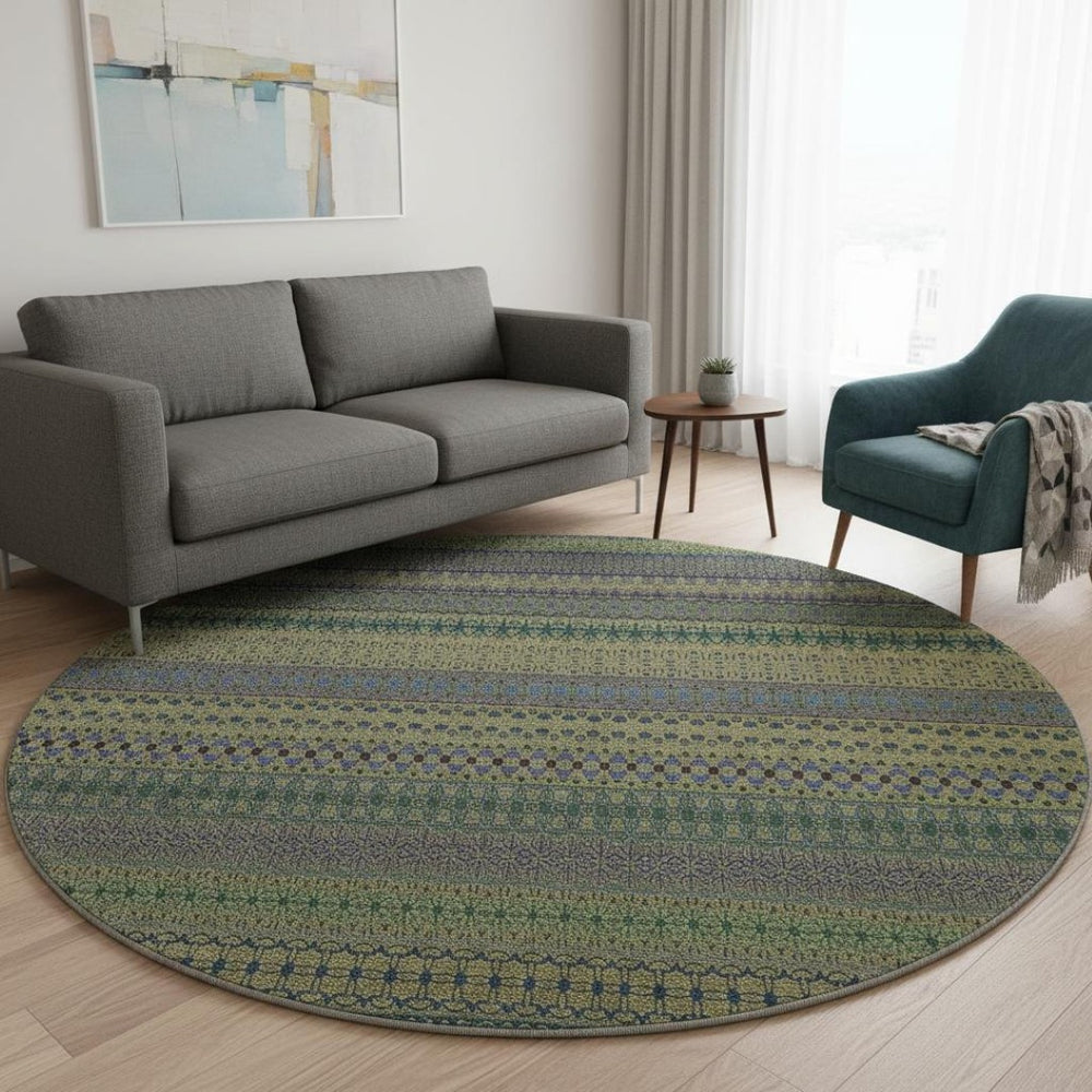 HomeRoots 8' Olive Green & Blue Striped Washable Round Rug - UV Resistant, Stain-Proof, Perfect for Any Space! 647533