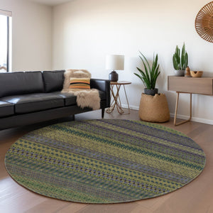 HomeRoots 8' Olive Green & Blue Striped Washable Round Rug - UV Resistant, Stain-Proof, Perfect for Any Space! 647533
