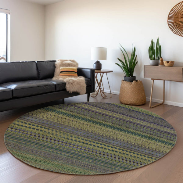HomeRoots 8' Olive Green & Blue Striped Washable Round Rug - UV Resistant, Stain-Proof, Perfect for Any Space! 647533