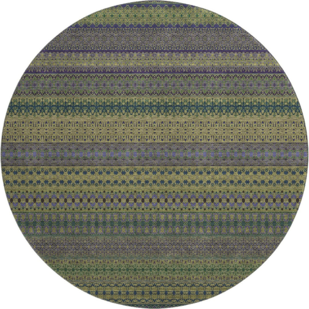 HomeRoots 8' Olive Green & Blue Striped Washable Round Rug - UV Resistant, Stain-Proof, Perfect for Any Space! 647533