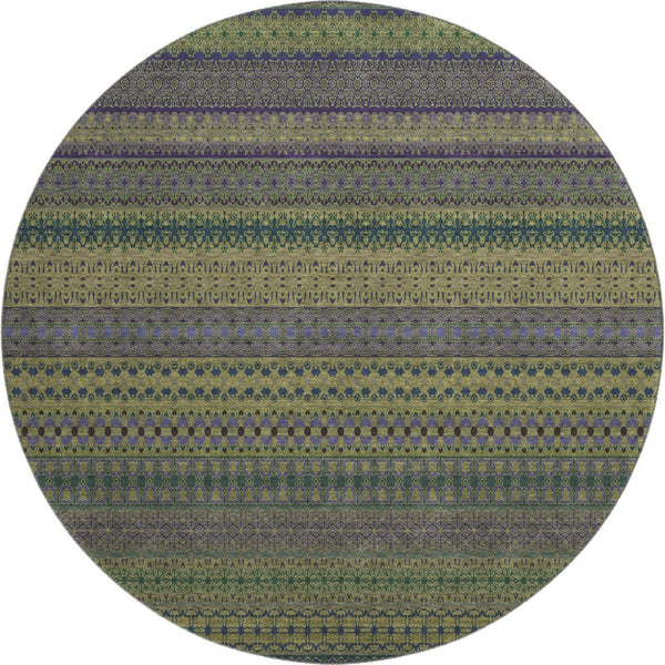HomeRoots 8' Olive Green & Blue Striped Washable Round Rug - UV Resistant, Stain-Proof, Perfect for Any Space! 647533
