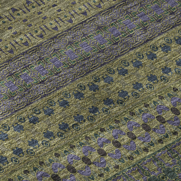 HomeRoots 8' Olive Green & Blue Striped Washable Round Rug - UV Resistant, Stain-Proof, Perfect for Any Space! 647533